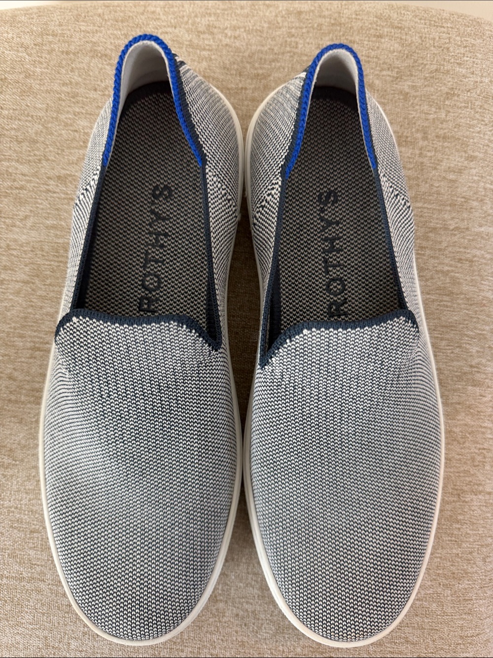 Rothy’s Original Slip-On Sneakers in Anchor. Navy snd white. Size 8.